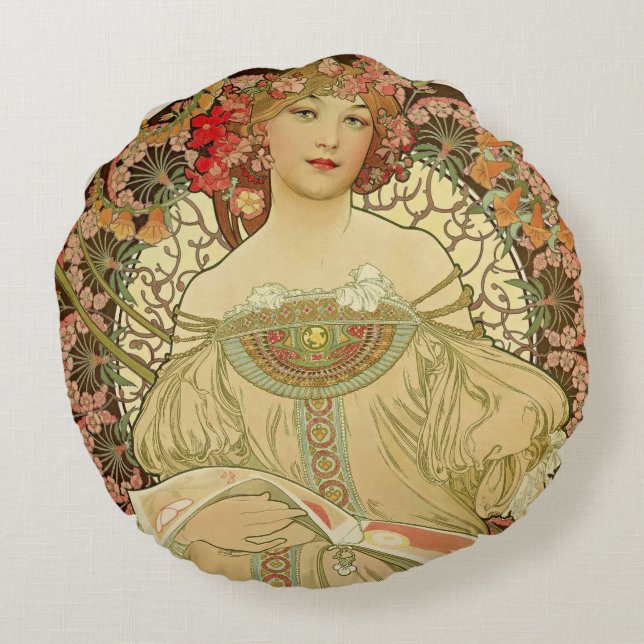 Vrouw Portrait Alphonse Mucha Rond Kussen (Achterkant)