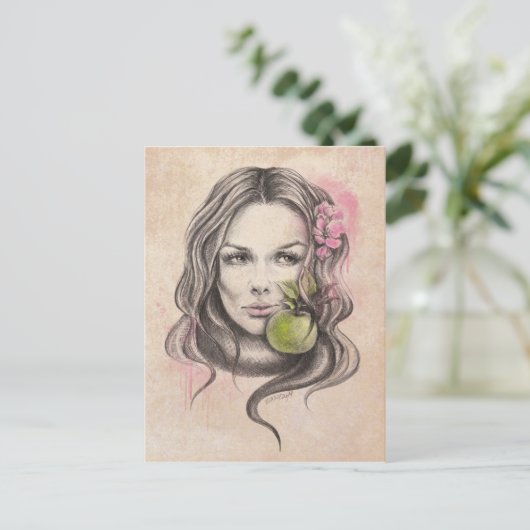 Vrouw portret met appel en bloesem Surreale kunst Briefkaart (Staand voorkant)
