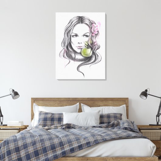 Vrouw portret met appel en bloesem Surreale kunst Canvas Afdruk (Insitu (Slaapkamer))