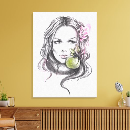 Vrouw portret met appel en bloesem Surreale kunst Canvas Afdruk (Insitu (Woonkamer))