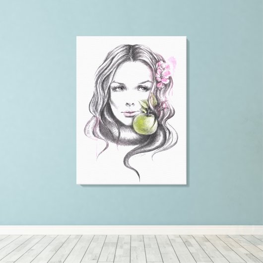Vrouw portret met appel en bloesem Surreale kunst Canvas Afdruk (Insitu (Houten vloer))