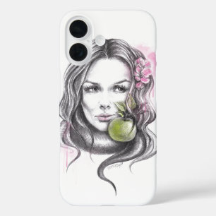 Vrouw portret met appel en bloesem Surreale kunst iPhone 16 Hoesje