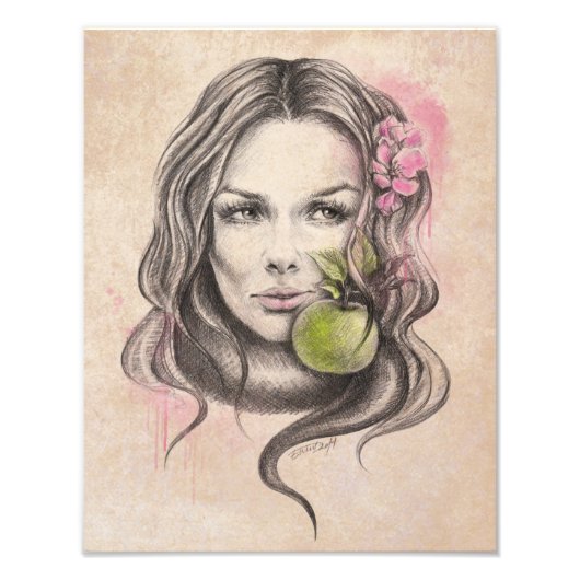 Vrouw portret met appel en bloesem Surreale kunst Foto Afdruk (Voorkant)