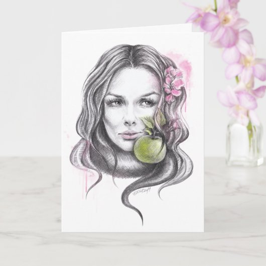 Vrouw portret met appel en bloesem Surreale kunst Kaart (Orchidee)