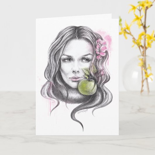 Vrouw portret met appel en bloesem Surreale kunst Kaart (Gele Bloem)