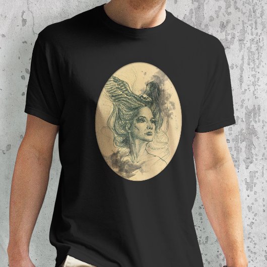 Vrouw portret Vogelschedel Vleugels Surrealistisch T-shirt