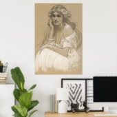 Vrouw Potlood Witte Krijtstift Portretstudie Mucha Poster (Thuiskantoor)