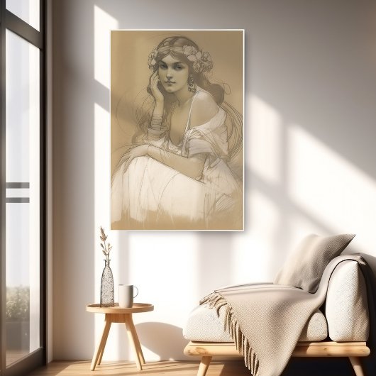 Vrouw Potlood Witte Krijtstift Portretstudie Mucha Poster