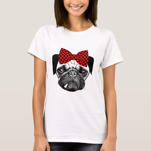 Vrouw Pug Dog Red Checkers Bow Original Pets Art T-shirt (Voorkant)