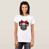 Vrouw Pug Dog Red Checkers Bow Original Pets Art T-shirt (Voorkant volledig)