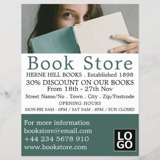 Vrouw Reader, boekwinkel Adverteren Flyer (Voorkant)