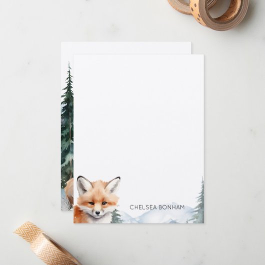 Vrouw Red Fox welp in bos Waterverf Notitiekaartje (Voorkant / Achterkant in situ)