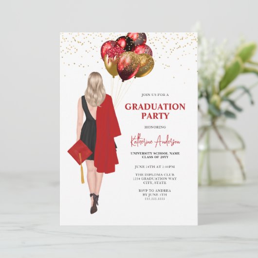 Vrouw Red Graduation Party Kaart (Staand voorkant)