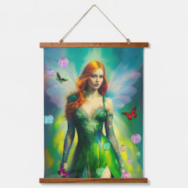 Vrouw Red Hair Fairy Portret in Green Dress Hangend Wandkleed