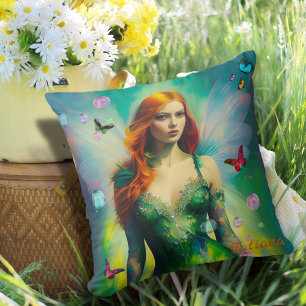 Vrouw Red Hair Fairy Portret in Green Dress Kussen