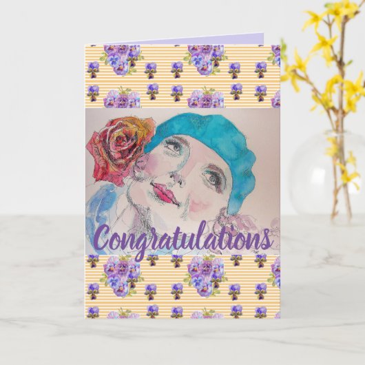 Vrouw Red Rose Floral Congatulation art Kaart (Gele Bloem)