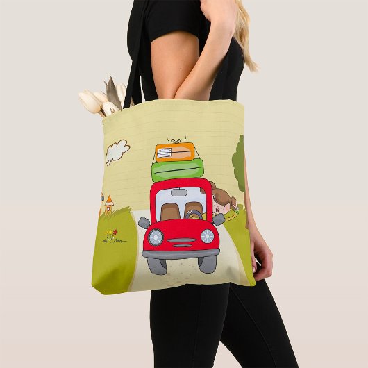Vrouw reist per auto tote bag