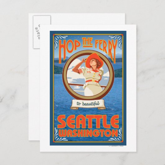 Vrouw Riding Ferry - Seattle, Washington Briefkaart (Voorkant / Achterkant)