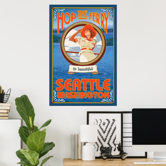 Vrouw Riding Ferry - Seattle, Washington Poster (Thuiskantoor)