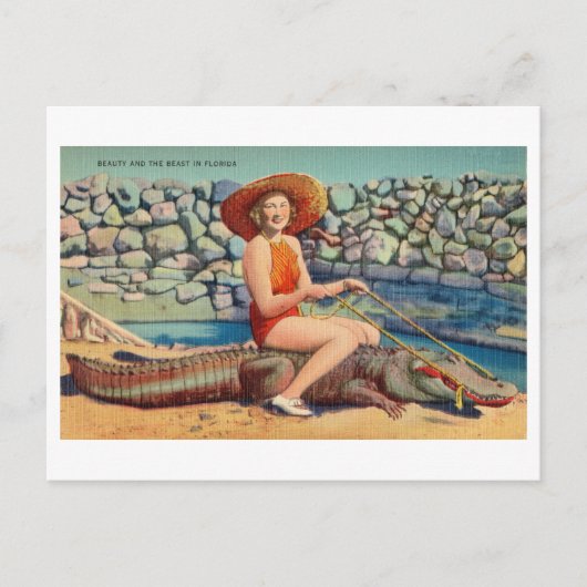 Vrouw Rijden Een Alligator  Florida Reizen Briefkaart (Voorkant)