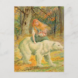 Vrouw rijdend op beer vintage illustratie briefkaart