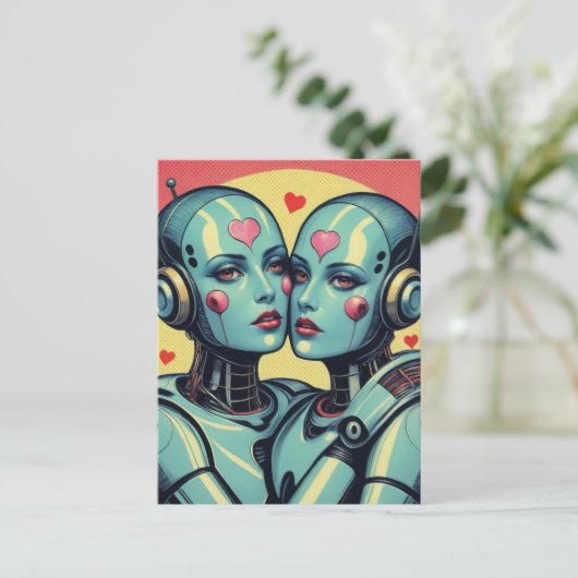 Vrouw Robots in Love Pop Art Briefkaart (Staand voorkant)