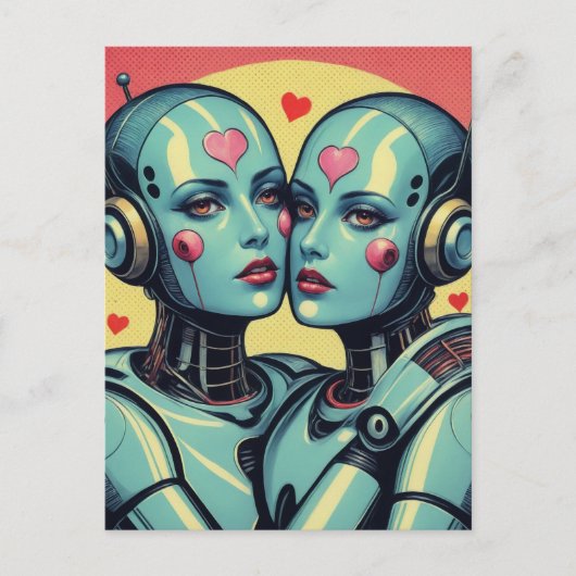 Vrouw Robots in Love Pop Art Briefkaart (Voorkant)