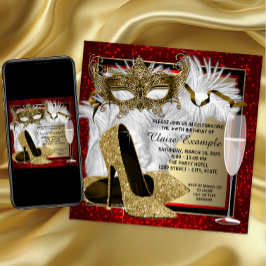 Vrouw rood en goud masquerade verjaardagsfeest kaart