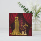 Vrouw rood gouden verjaardagsfeestje kaart (Staand voorkant)
