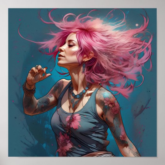 Vrouw roze haar tattoo dans gratis poster (Voorkant)