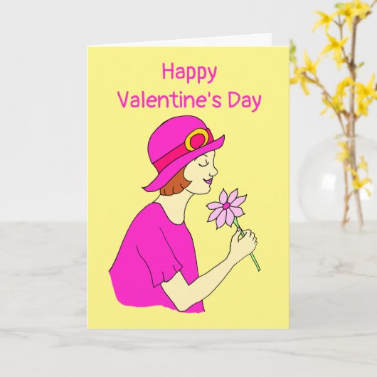 Vrouw Roze Hoed Valentijnsdag Kaart (Gele Bloem)