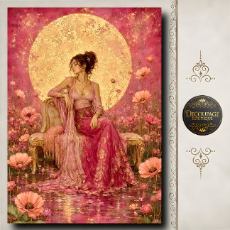 Vrouw Roze Jurk Gouden Maan Bloemen Decoupage Tissuepapier