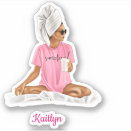 Vrouw Roze Nachtshirt Koffie Custom Naam Trendy Sticker