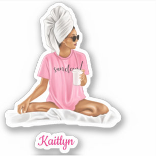 Vrouw Roze Nachtshirt Koffie Custom Naam Trendy Sticker