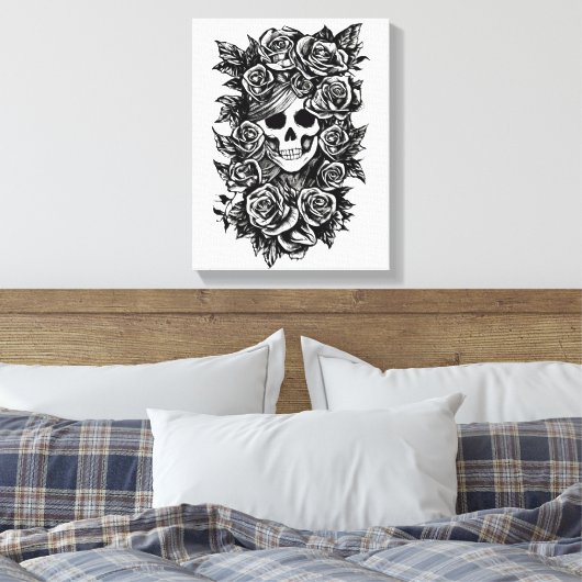 Vrouw Rozen Gothic Oorspronkelijke inkttekening Ku Canvas Afdruk (Insitu (Slaapkamer))