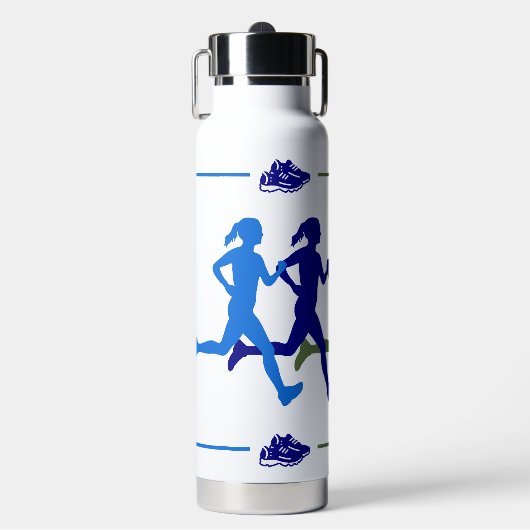 Vrouw Runner Kleurrijke Blauwe Groene Silhouetten Waterfles (Voorkant)