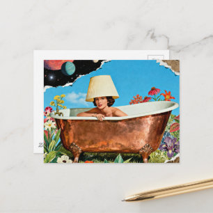vrouw rustieke koperen badkuip bloemen collage briefkaart