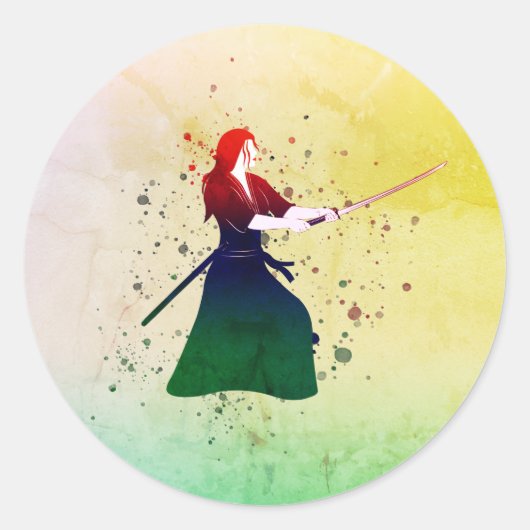 Vrouw Samurai Warrior met een Katana Ronde Sticker (Voorkant)