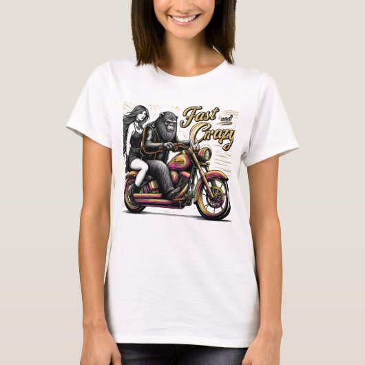 Vrouw Sasquatch Yeti bigfoot op Motorcycle T-shirt (Voorkant)