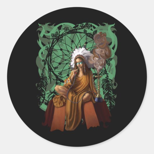 Vrouw Shaman met hoofdtooi | Dream Catcher Ronde Sticker (Voorkant)