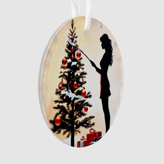 Vrouw Silhouet met versierde kerstboom Ornament (voorkant)