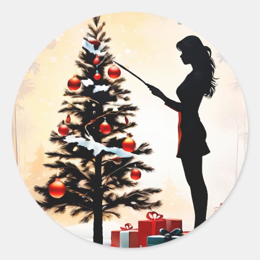 Vrouw Silhouet met versierde kerstboom Ronde Sticker (Voorkant)
