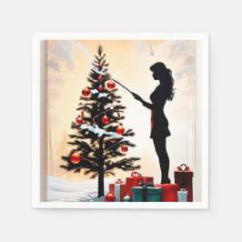 Vrouw Silhouet met versierde kerstboom Servet