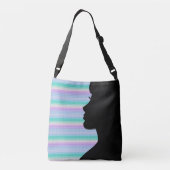 Vrouw Silhouet op Turquoise & Blue Stripes Crossbody Tas (Achterkant)
