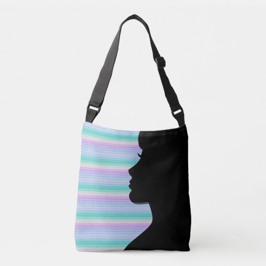 Vrouw Silhouet op Turquoise & Blue Stripes Crossbody Tas (Voorkant)