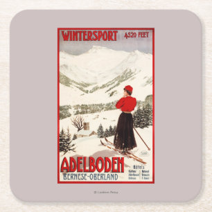 Vrouw Skier Overzien Adelboden Poster Kartonnen Onderzetters