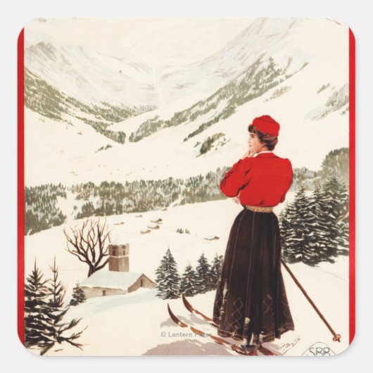 Vrouw Skier Overzien Adelboden Poster Vierkante Sticker (Voorkant)
