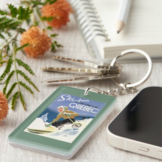 Vrouw Skiing - zowel Engels als Frans Poster Sleutelhanger (Voorkant Rechts)