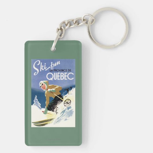 Vrouw Skiing - zowel Engels als Frans Poster Sleutelhanger (achterkant)