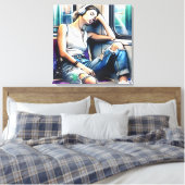 Vrouw Slapen op de metro Luisteren naar muziek Canvas Afdruk (Insitu (Slaapkamer))